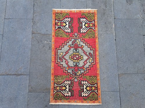 Small Rug, Turkish Rug, Handmade Wool Doormat, Vintage Indoor Rug, 1.6 x 3.2 ft - Foto 12 di 19