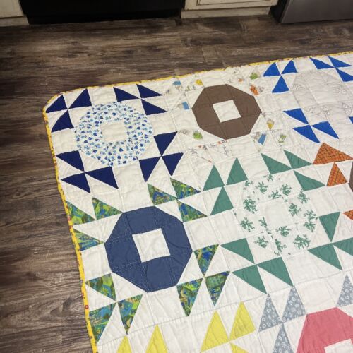 Espositore trapuntato patchwork antico vintage 63x82 rosa blu sacco mangiatoia - Foto 10 di 13
