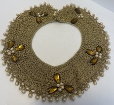 Vintage Retro Metallic Gold Crochet Faux Pearl Beaded Choker Collar Necklace