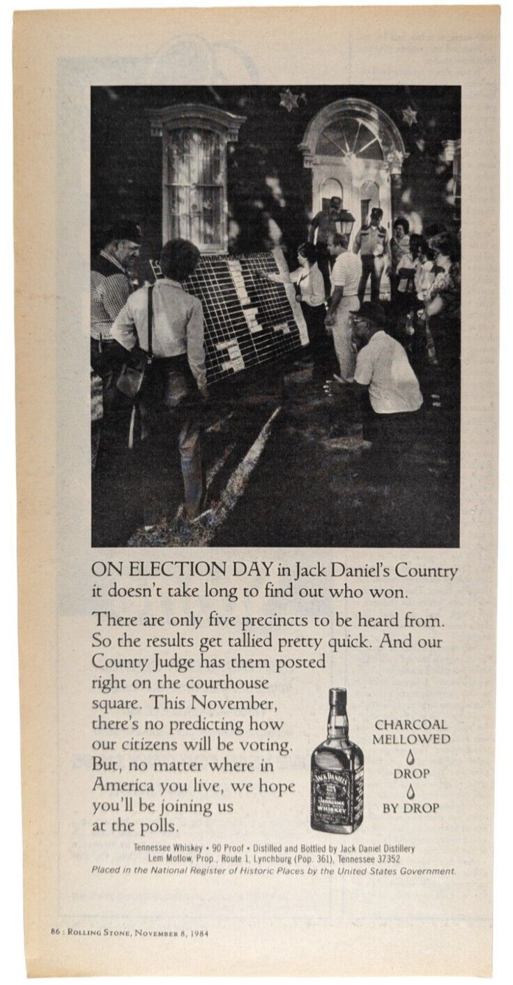 Jack Daniel's Election Day Results Courthouse 1984 Rolling Stone PRINT AD ~6x12