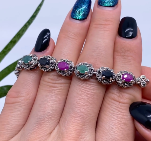 Natural Ruby, Emerald and Sapphire gems Bracelet, silver 925, gold plated, 7.5In - Video 1 of 1