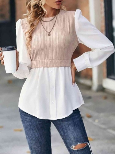 Contrast Round Neck Puff Sleeve Blouse - S-2X - Various Colors - Picture 10 of 24