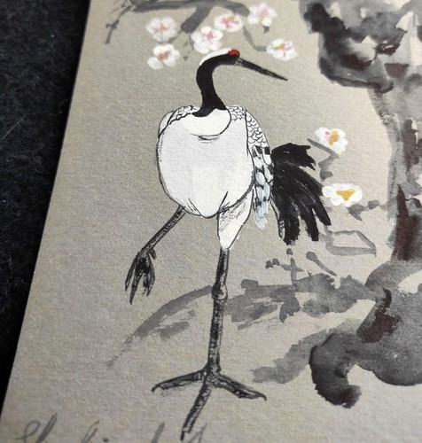 Peinture grue aquarelle ACEO art original Japon Sakura oeuvre oiseau art mural - Photo 8 sur 12