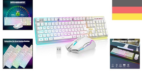 Ergonomisches K10 Gaming Set – Kabellose Tastatur & Maus mit LED Effekten, Weiß - Bild 2 von 10