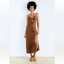 New zara woman rustic camisole midi brown dress size M with tag 
