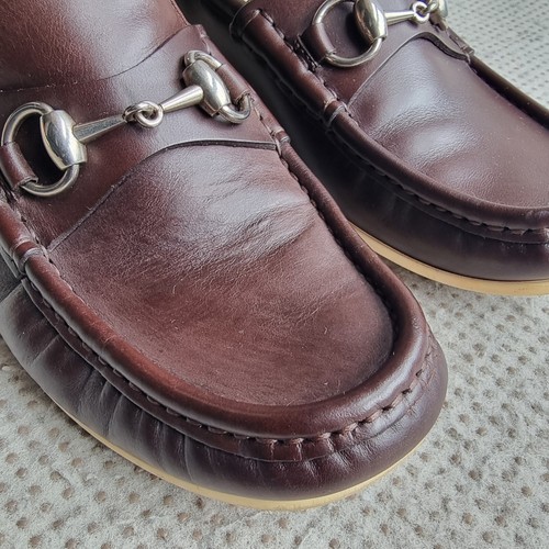 GUCCI Silver Horse Bit Leather Brown Moc Toe Boat Shoe Loafers UK 4.5 - Picture 6 of 22