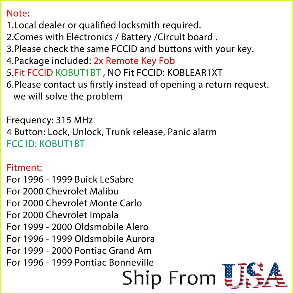 2 For 1996 1997 1998 1999 Buick Lesabre Keyless Entry Remote Key Fob KOBUT1BT - Image 2 of 4
