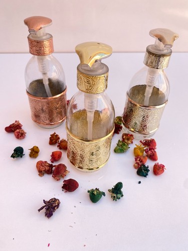 POMPA 3 TONALITÀ BRONZO VETRO COLORE AMBRA SAPONE VINTAGE BAGNO, DISPENSER CUCINA,SET - Foto 10 di 12