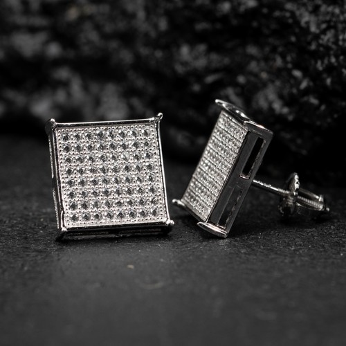 Men's 925 Sterling Silver Hip Hop Square Flat Screen Stud Screw Back Earrings - Bild 4 von 5