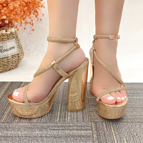 Sandalias de plataforma esmaltadas para mujer correa de estrás de cristal tacón bloque de 5,5 pulgadas - Imagen 33 de 41