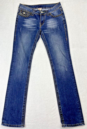 True Religion Jeans Women 28 Blue Bobby Super T Hvy Stitch USA Studded Flap Pkt - Picture 2 of 10