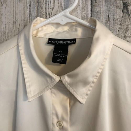 Womens Stretch Satin Button Shirt 6P Ivory Tailored Long Slv Petite Sophisticate - Picture 10 of 15
