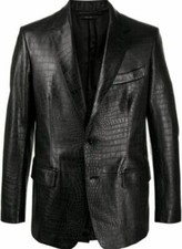 Elegant Men's Crocodile Embossed Genuine Lambskin Leather Slim Fit Coat Blazer