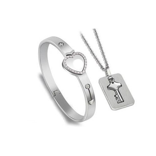 Stainless Steel Love Heart Lock Bangle Bracelet and Key Pendant Necklace Set - Picture 9 of 16