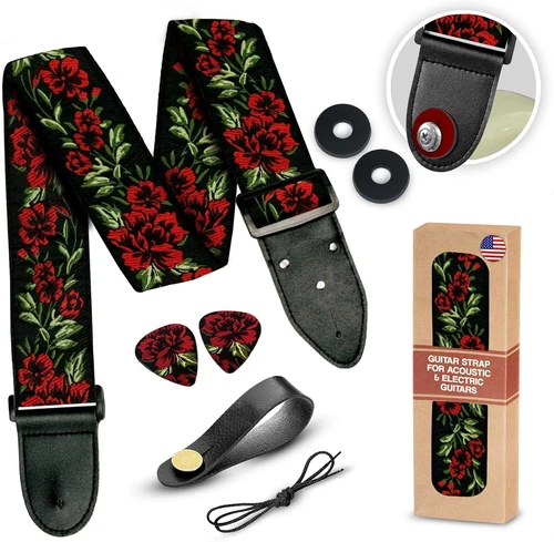 Guitar Strap Woven Adjustable W/FREE BONUS 2 Picks + Strap Locks + Strap Button.