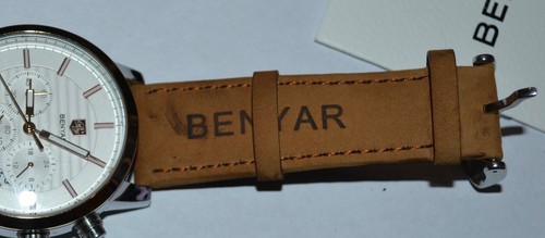 Benyar Quartz Chronograph Analog White Bezel Brown Leather Strap Wristwatch - Picture 6 of 10