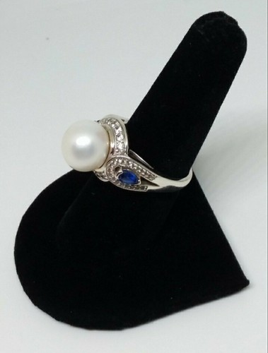 Natural Pearl, White Zircon & Blue Kynite Ring in Platinum over Sterling Silver  - Picture 2 of 10