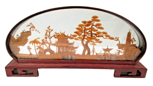 Vintage Asian Cork Diorama Chinese Art Hand Carved Oval Brown Case Storks Pagoda