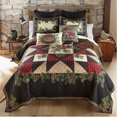 Cardinal Pine Patchwork Printed Quilt Set Rustic Farmhouse Cabin Lodge Red Bird - Picture 2 of 7