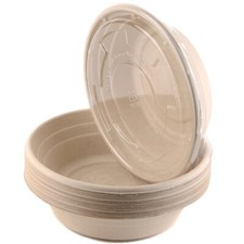 100 Ct. Round Disposable Bowls with Microwavable Lids Natural Sugarcane 24oz.