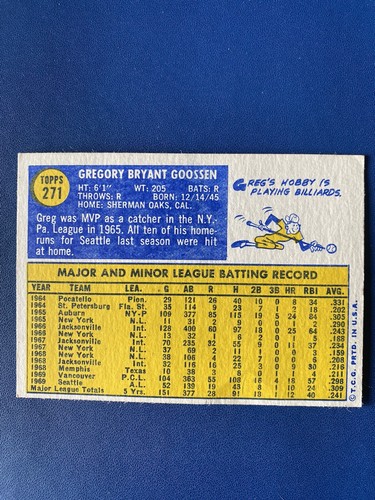 Tarjeta de colección 1970 Topps Greg Goossen #271 Seattle Pilots béisbol (arruga) - Imagen 8 de 10