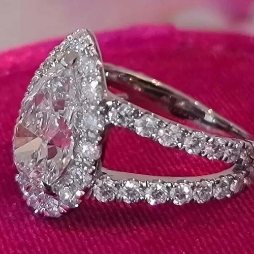 3Ct Pear Cut Simulated Diamond 14K White Gold Plated Womens Halo Engagement Ring - Picture 3 of 7