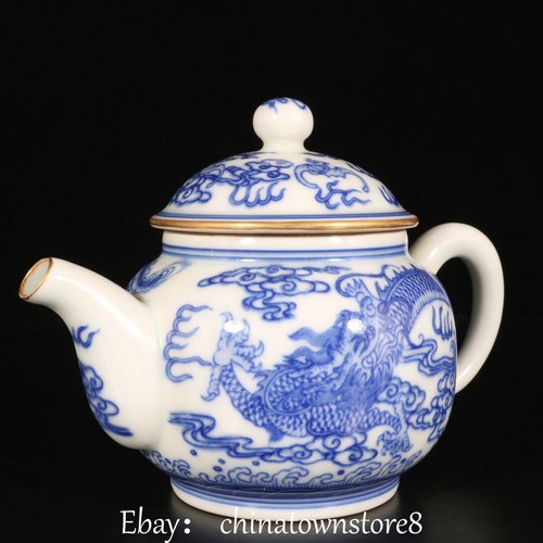 Old Qianlong Blue White Porcelain Gilt Dragon Loong Phoenix Teapot Teakettle - Bild 2 von 8