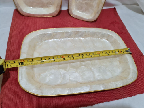 Set Of 3 Vintage Capiz Shell Plates/ trays/ dishes Scalloped Gold Edge surround - Picture 8 of 16