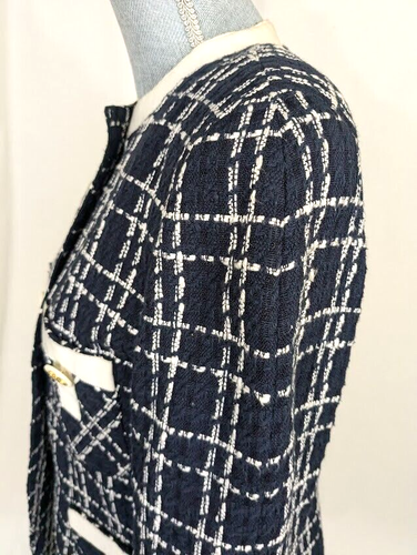 Christian Dior Tweed Cotton Blend Navy Plaid Skirt Suit, 10, Vtg New - Picture 8 of 14