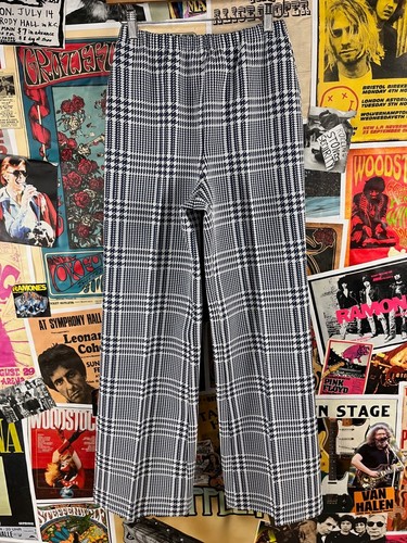 Vintage 70s Blue White Elastic Wide Leg Houndstooth Plaid Trouser Pants Hi Rise - Picture 6 of 10