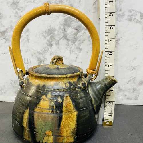 Vintage handgeworfene Keramik Teekanne Bambusgriff asiatisches Design Euc - Bild 10 von 10