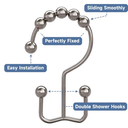 Titanker Shower Curtain Hooks Set of 12 Rustproof Metal Double Glide Rings - Picture 6 of 8