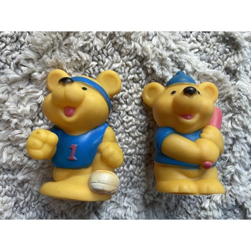 Vintage Rubber Baseball Bear Set of 2 Infant Baby Squeak Toys Sports Cake Topper - Picture 2 of 7