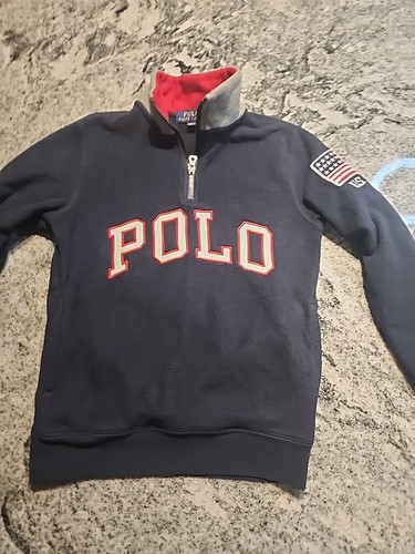 Polo Ralph Lauren Blue Fleece USA Flag Pockets 1/4 Zip Boys Medium M 10-12 B53 - Picture 1 of 13