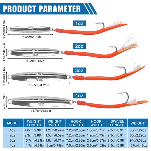 Diamond Jigs Fishing Lure Saltwater Jigging Spoons with Tube Tail Teaser 1oz-4oz - Picture 17 of 23