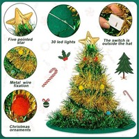 Shiny Christmas Hats Tree Santa Hat with Tinsel LED Lights Hats Funny Party Prop 2