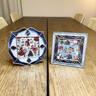 Set of 2 Vtg Blue & White Stained Leaded Glass Photo Frames Tabletop Winter Xmas