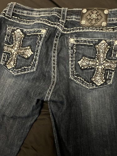 Miss Me Straight Jeans Women's 32 Blue Thick Stitch Low Rise Embellished Pocket - Picture 6 of 7