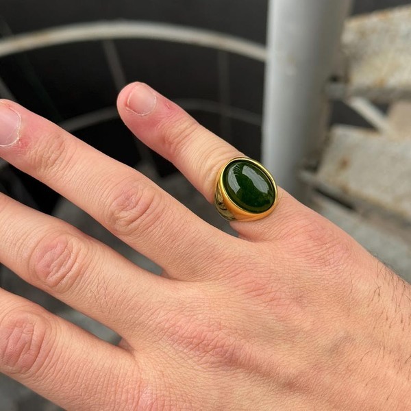 Alternate view of Men Green Jade Stone Classic Gold Plated Green Jade Ring