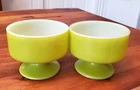 2 Vtg MCM Federal Glass Footed Sherbet Dessert Bowls Green Milk Glass
