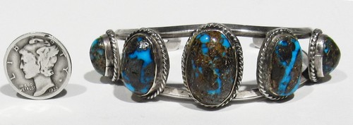 Old Signed Red Crow Navajo 925 Silver Natural Persian Turquoise Cuff Bracelet 6" - Picture 2 of 9