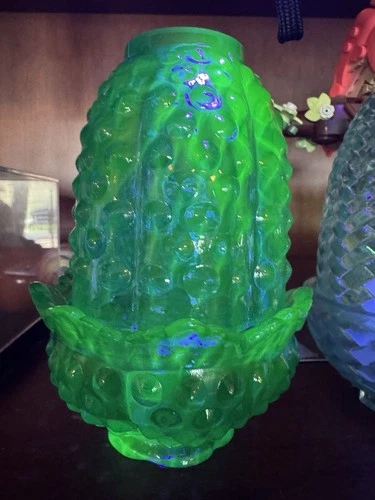 Hobnail Pattern Fenton Fairy Lamp Cobalt Blue GLOWS Green Uranium