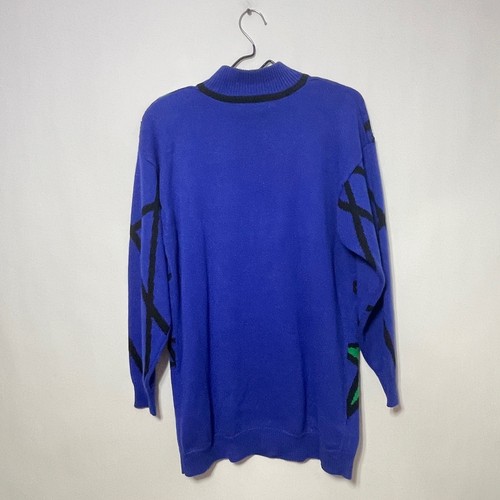 Vintage Knit Sweater Women's Medium (L) Bright Blue Stained Glass Floral Sequins - Picture 2 of 10