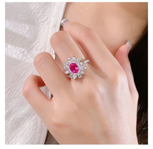 Hermoso anillo de oro blanco sólido sólido de 18 quilates con rubí natural y diamantes de corte ovalado de 6 quilates - Imagen 5 de 11