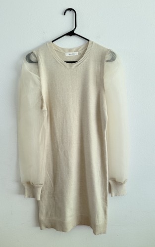 Idem Ditto Cream Sweater Dress Women Size L Organza Sheer Puff Sleeves Stretch