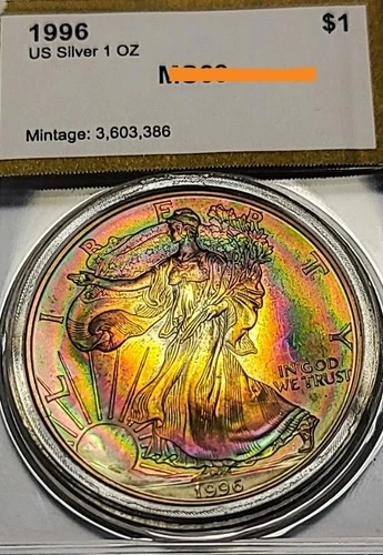 1996 MS++ Silver American Eagle Coin   🌈 Rainbow Toned 1 Oz $1 .
