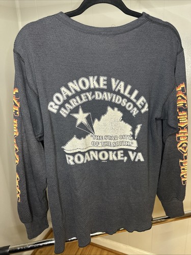 Vintage 90s Harley Davidson Flame Thermal Shirt Black Long Sleeve Biker Large - Picture 5 of 10