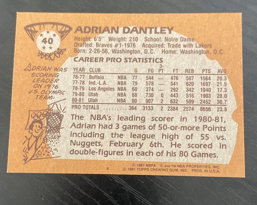 1981-82 Topps - Adrian Dantley #40 Jazz Salón de la fama - Imagen 2 de 2