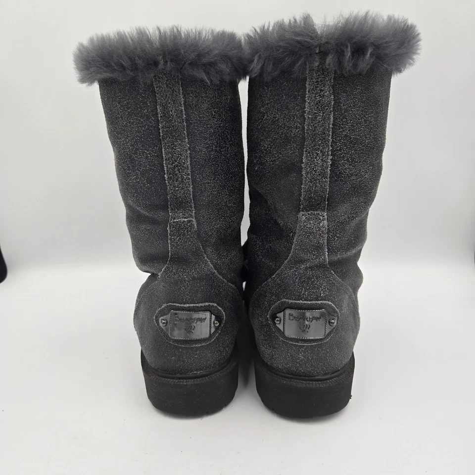 Bearpaw Kayla II Combat Boots Sheep Skin 7 Grey Shimmer Fur Lined Plaid Accents - Image 3 of 4
