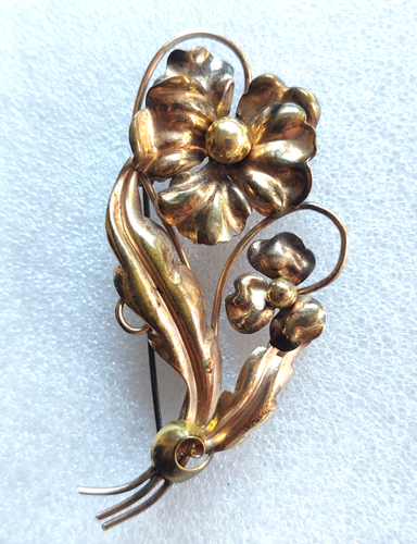 Spilla floreale vintage deco firmata regola oro pieno argento sterling grande 3" - Foto 3 di 7